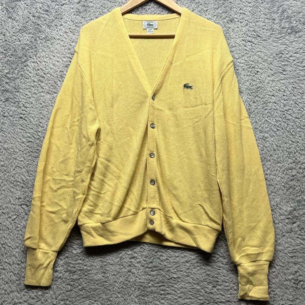 Vintage Izod Lacoste Cardigan Sweater Mens Large Yellow Grandpa Preppy USA Croc